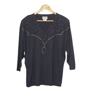Vintage Beta's Choice Beaded 3/4 Sleeve  Black Top